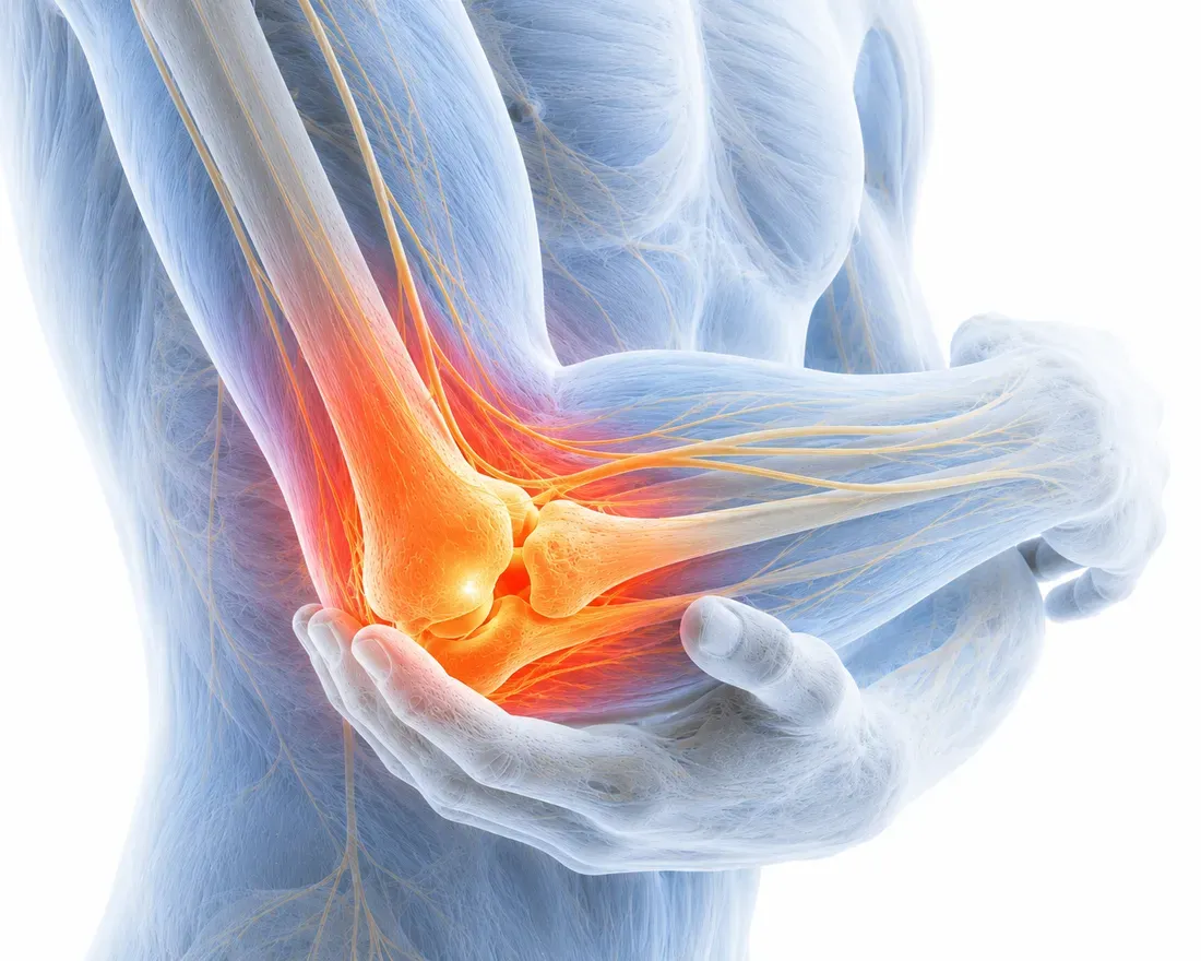 Elbow pain, anatomical illustration