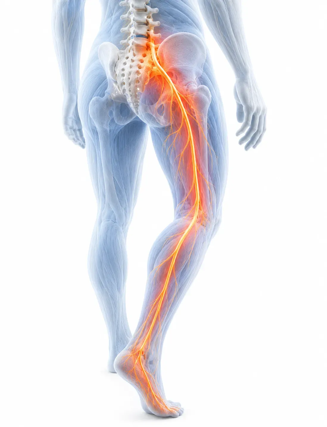 Sciatica & nerve pain, anatomical illustration