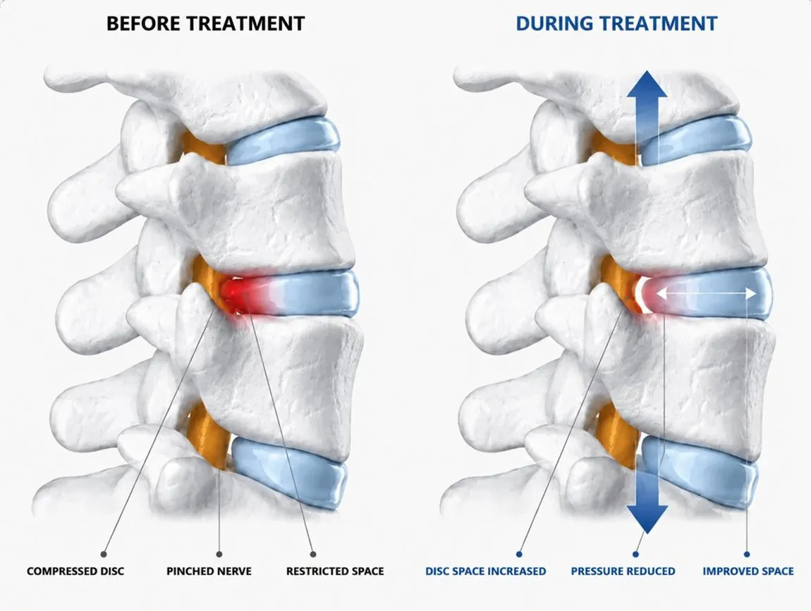 Anatomical illustration of the spine before and during decompression: a compressed disc pressing toward a nerve, then the vertebrae gently drawn apart with pressure reduced and space improved