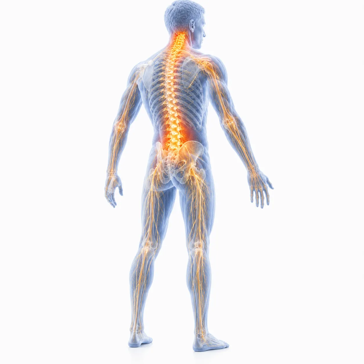 A whole-body view with the spine and nervous system highlighted, illustrating how we assess the whole person rather than only the painful area