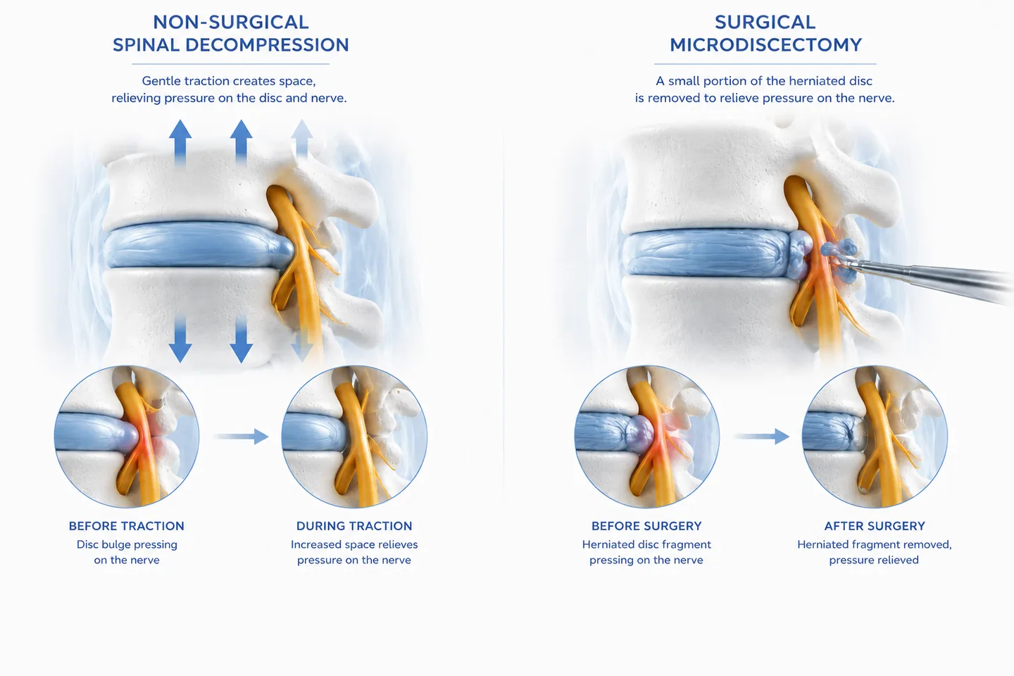 Side-by-side comparison of non-surgical spinal decompression and surgical microdiscectomy as options for a herniated disc pressing on a nerve