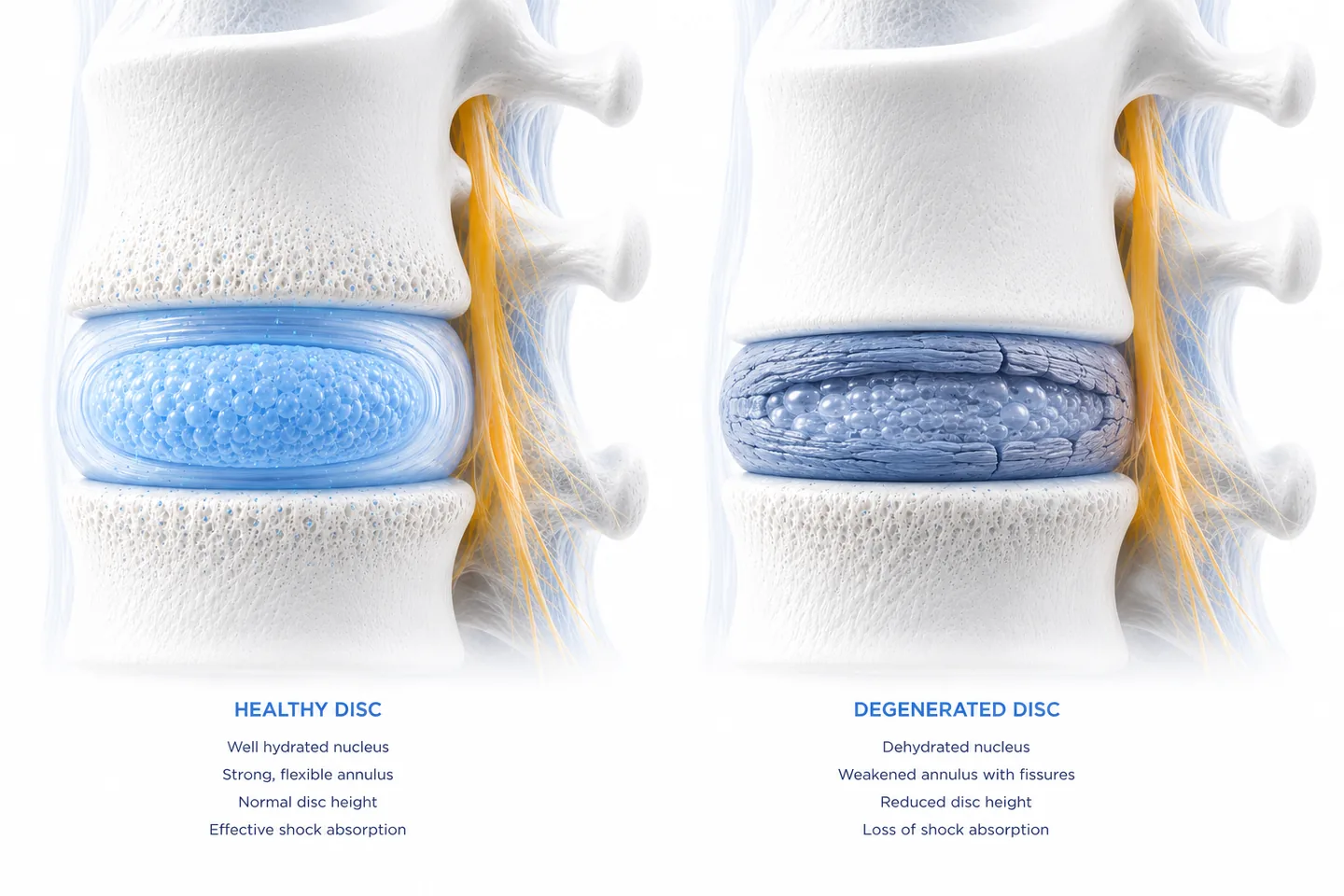 Comparison of a healthy lumbar disc and a degenerated disc, showing the dehydrated nucleus, weakened annulus with fissures and reduced disc height in disc degeneration