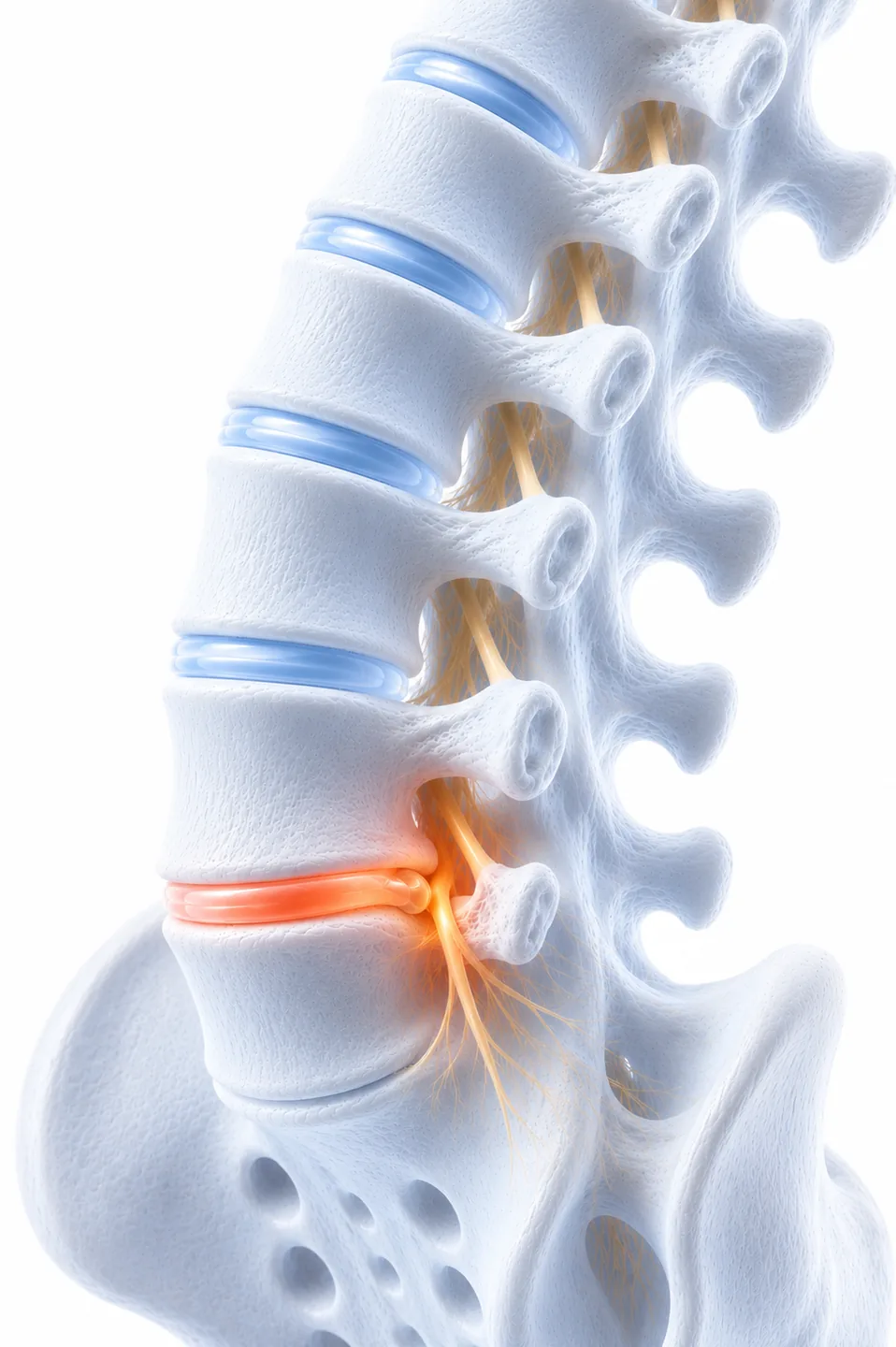 A lumbar disc herniation pressing on a spinal nerve root, a common cause of sciatica and disc-related leg pain