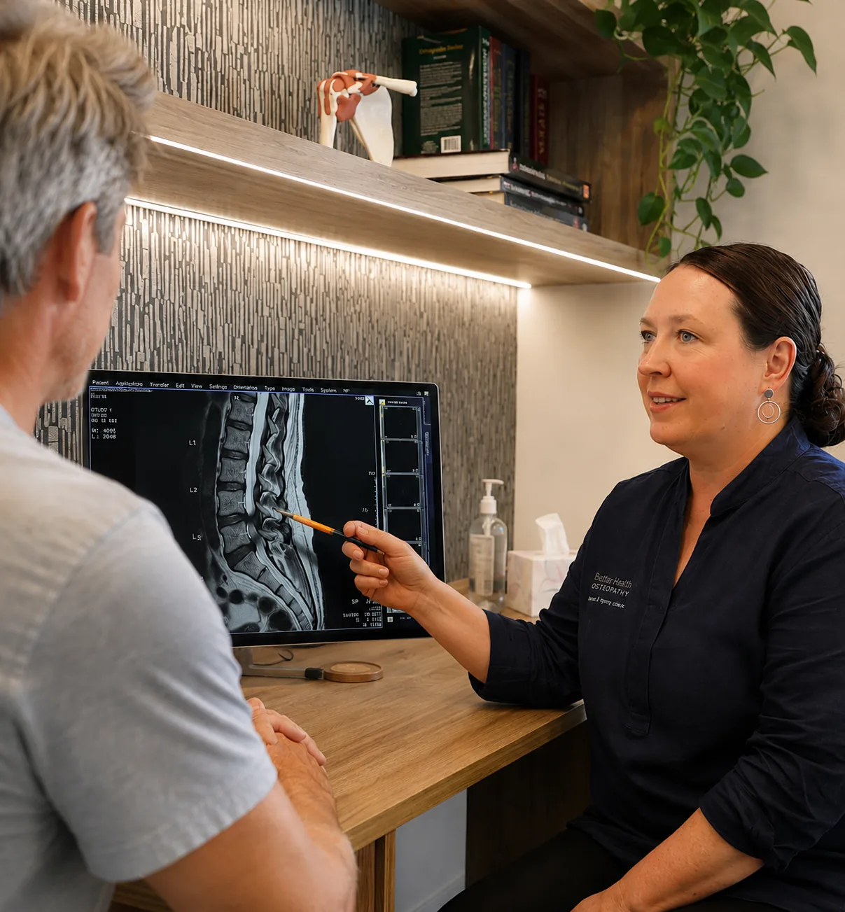 A Better Health Osteopathy osteopath reviewing a patient's lumbar MRI scan with them during a consultation about treatment options