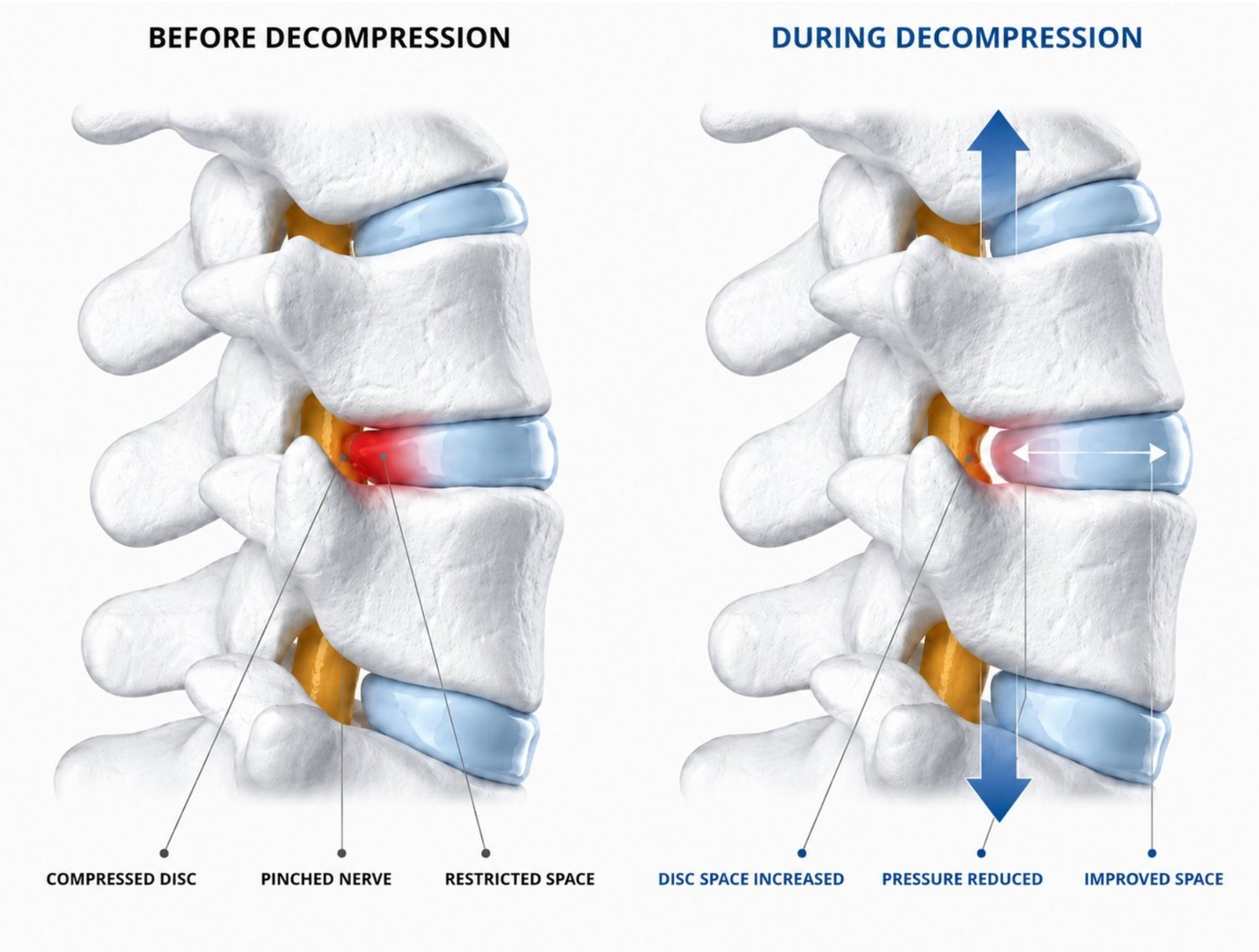 Before and during spinal decompression, showing reduced pressure on the nerve root responsible for sciatica