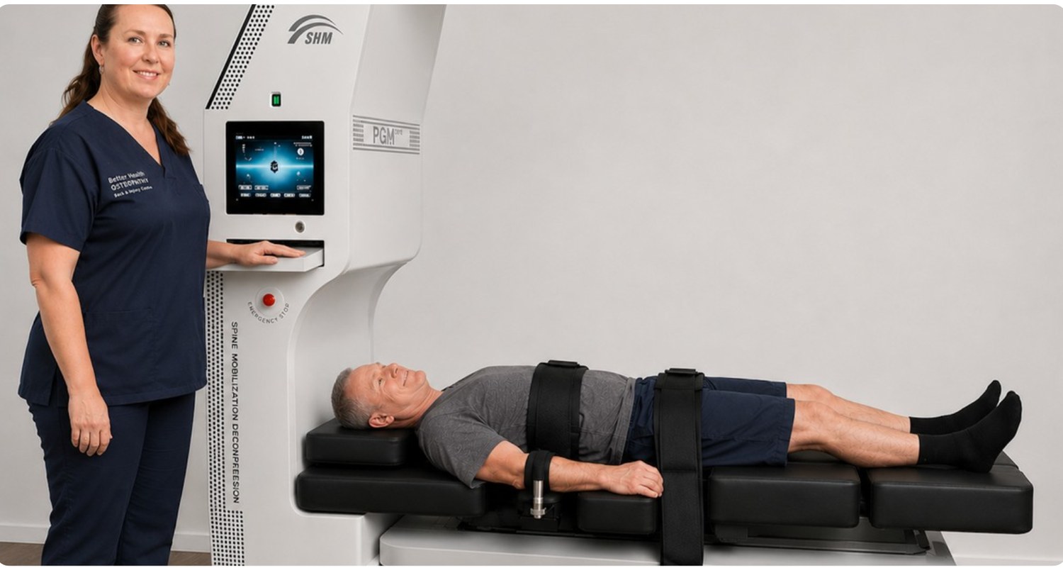 A patient lying comfortably on a computer-controlled spinal decompression table with a Better Health Osteopathy clinician alongside