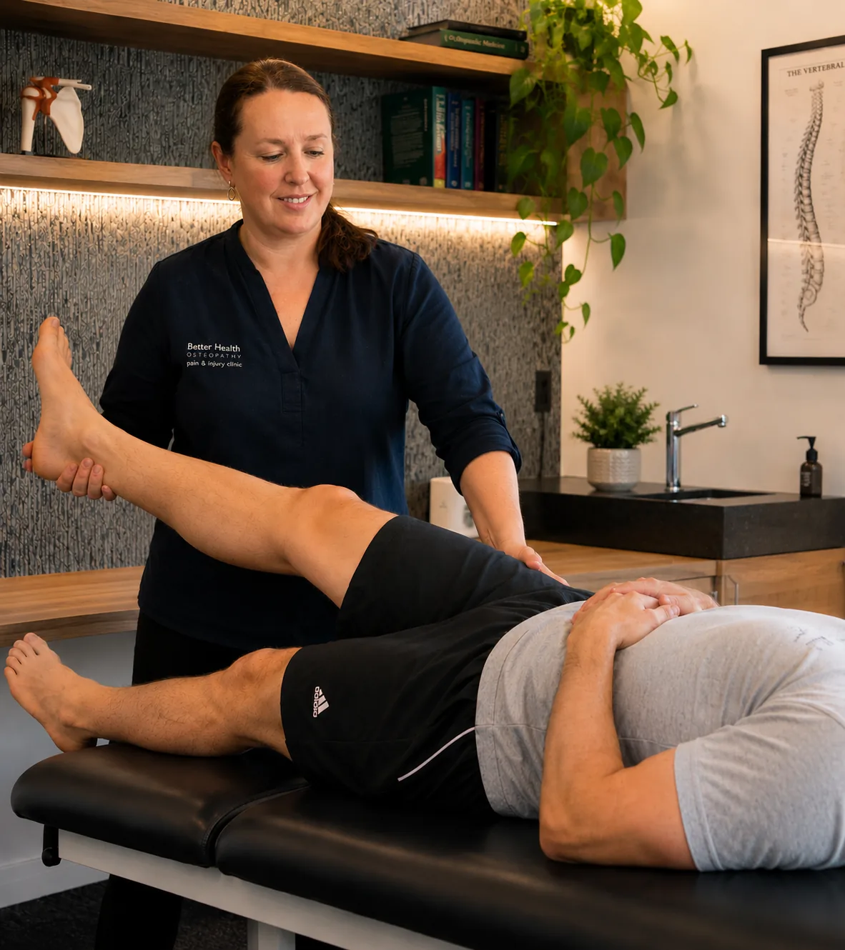 A Better Health Osteopathy osteopath performing a straight leg raise test to assess sciatica and nerve tension
